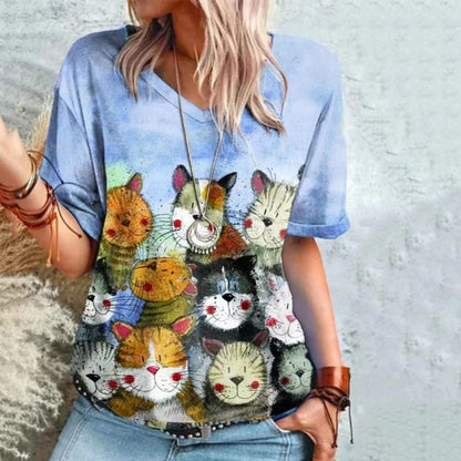 T-Shirt Cat Graphic V-neck Short Sleeve Tees Female - myfunfarm