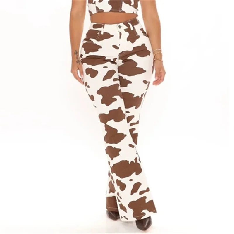 Cow Pattern High Waist Straight Jeans Women