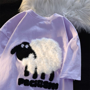 Cute Cartoon Black Sheep Embroidered women's T-Shirts