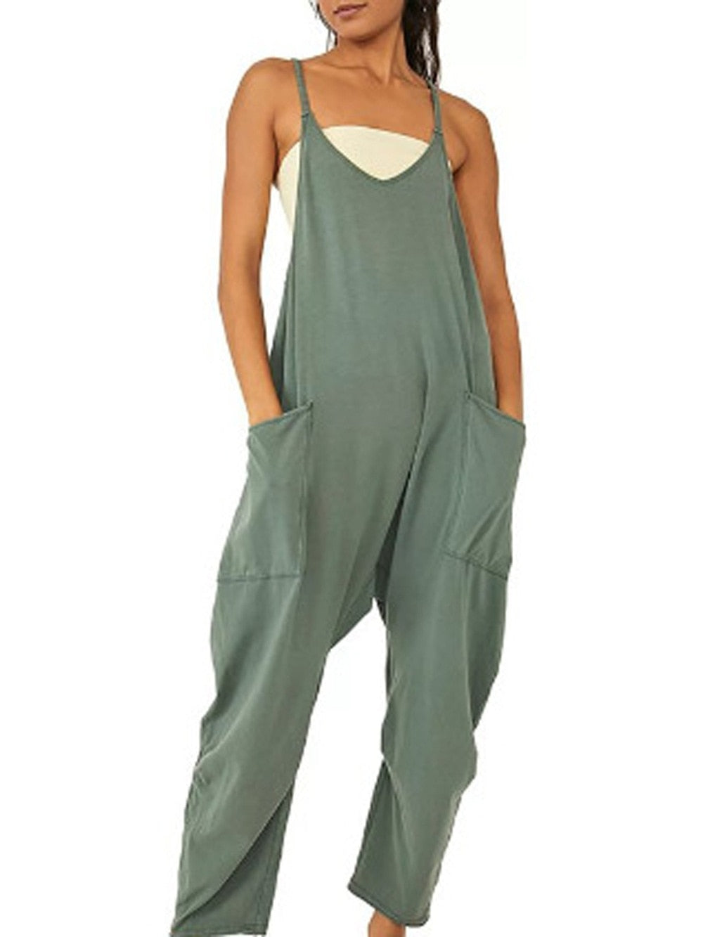 Women Casual Jumpsuit Summer Solid Loose Wide Leg Pants Bib Overall Pocket - myfunfarm