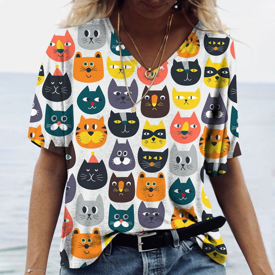 Cartoon Cats Print Women T-Shirt