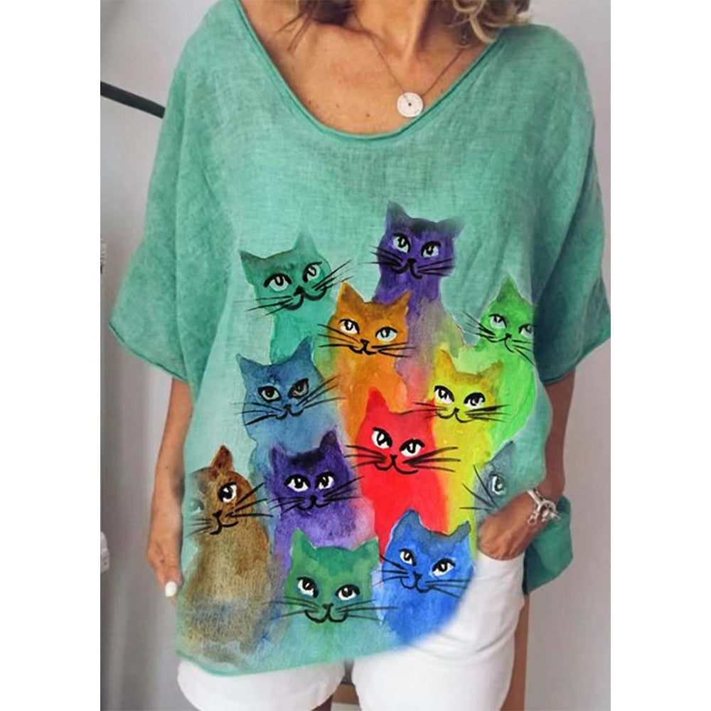T-Shirt Cat Graphic V-neck Short Sleeve Tees Female