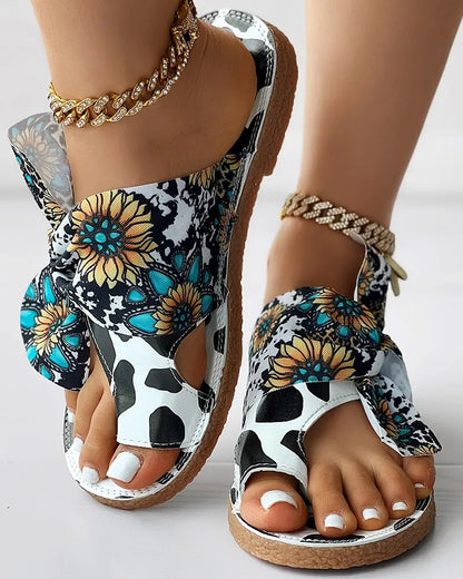 Daily Wear Sunflower Cow Print Tied Detail Toe Ring Slippers Sandals Women Casual - myfunfarm