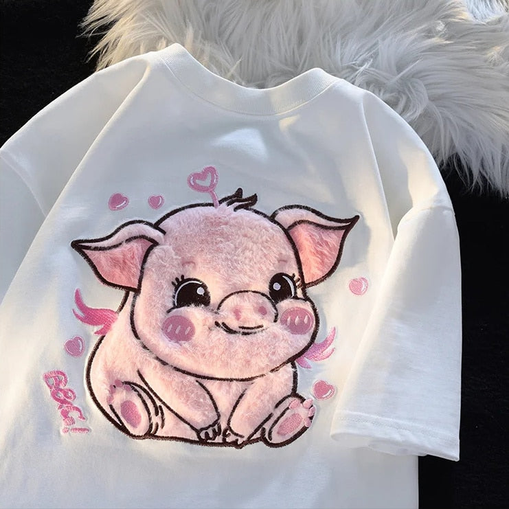 Adorable Pink Pig Plush Embroidered Short Sleeve Women's T-Shirt - myfunfarm