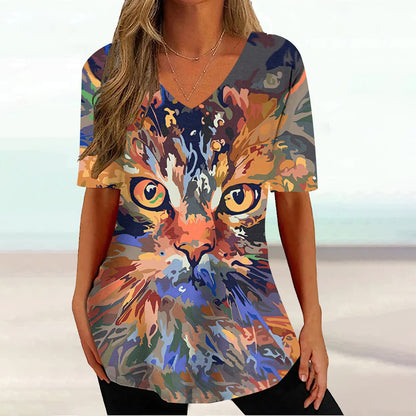 Colourful Cat painting print Tie-dye Graphic  V-Neck  Female Tees - myfunfarm