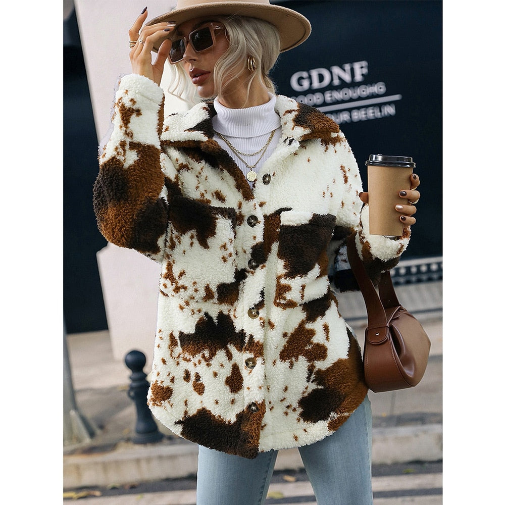 Women's Clothing Cow Pattern Plush Lamb Plush Sweater Jacket Cardigan Sweater Jacket Woman  casacos de inverno feminino