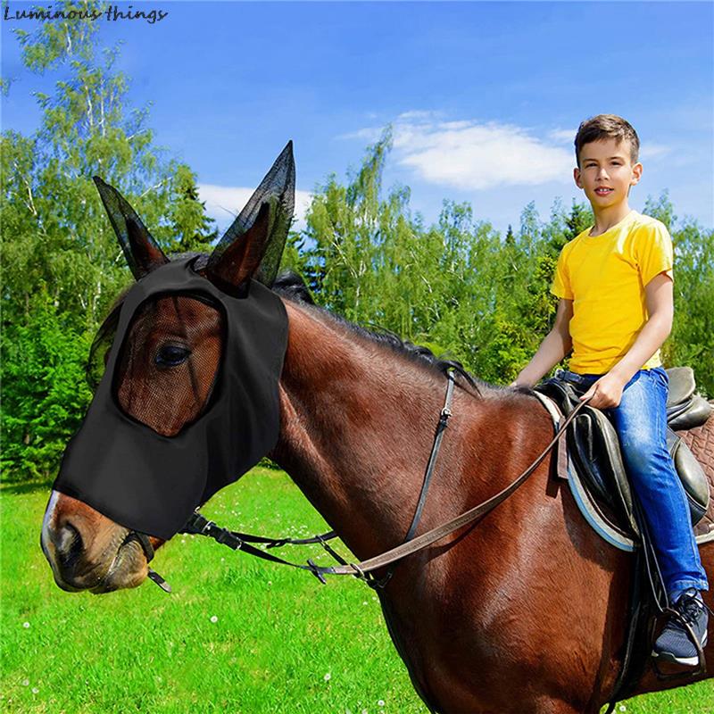1pc Anti-Fly Mesh Equine Horse Mask Stretch Bug Eye with Covered Ears Long Nose