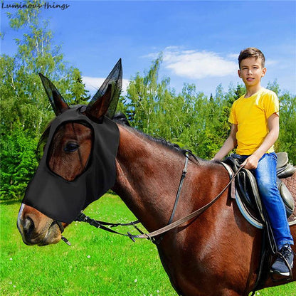 1pc Anti-Fly Mesh Equine Horse Mask Stretch Bug Eye with Covered Ears Long Nose