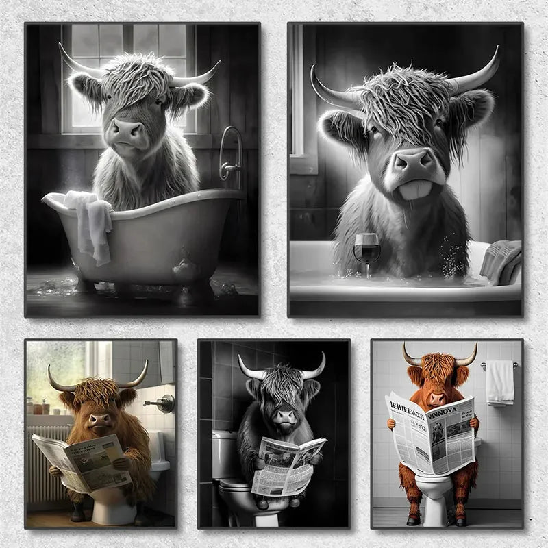 Funny Highland Cattle On Toilet Canvas Wall Art Poster Prints for Bathroom Room Home Decor