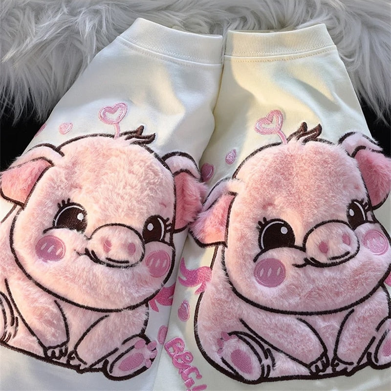 Adorable Pink Pig Plush Embroidered Short Sleeve Women's T-Shirt - myfunfarm