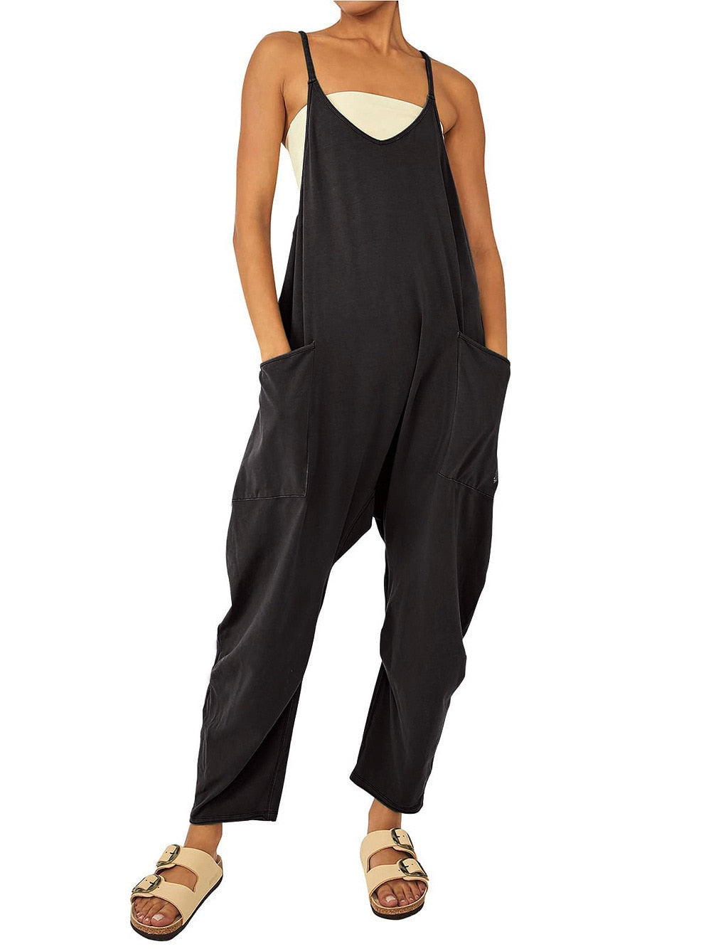 Women Casual Jumpsuit Summer Solid Loose Wide Leg Pants Bib Overall Pocket - myfunfarm