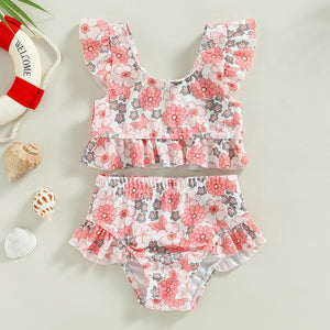 Toddler Kids Baby Girl Swimsuits 6M-3Y Floral/Cattle Print Ruffles Short Sleeve Crop Tops+Shorts Bathing Suits Beachwear