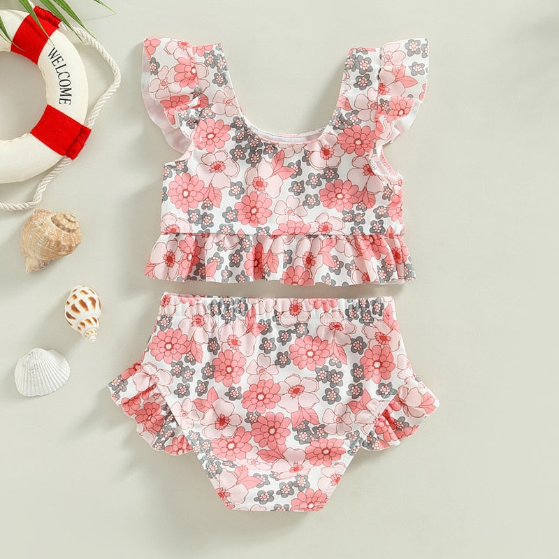 Toddler Kids Baby Girl Swimsuits 6M-3Y Floral/Cattle Print Ruffles Short Sleeve Crop Tops+Shorts Bathing Suits Beachwear