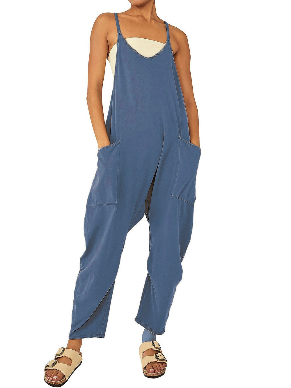 Women Casual Jumpsuit Summer Solid Loose Wide Leg Pants Bib Overall Pocket - myfunfarm