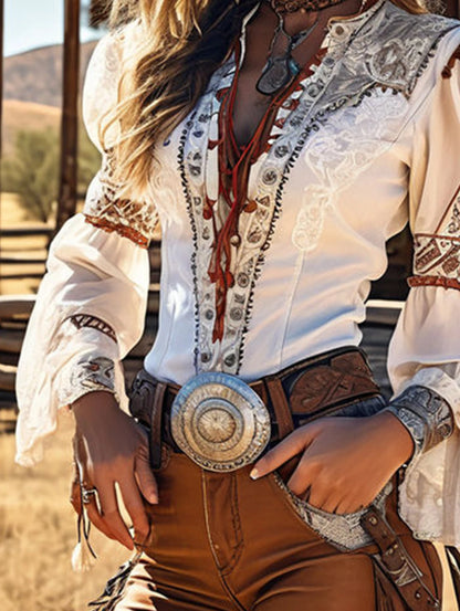Western Print  Women Long Sleeve Vintage Blouse
