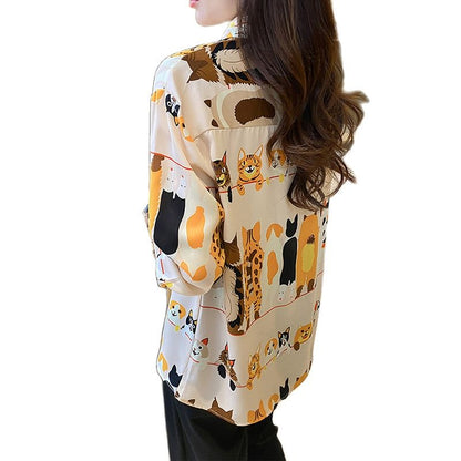 Cute cat pattern printing Long sleeve blouses  for women - myfunfarm