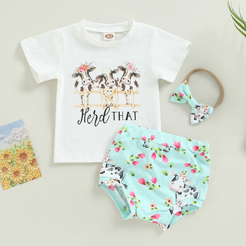 Summer Toddler Newborn Bbay Boys Girls Clothes Sets Cattle Print Short Sleeve Cotton T-shirts+Shorts+Headband Outfits