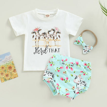 Summer Toddler Newborn Bbay Boys Girls Clothes Sets Cattle Print Short Sleeve Cotton T-shirts+Shorts+Headband Outfits