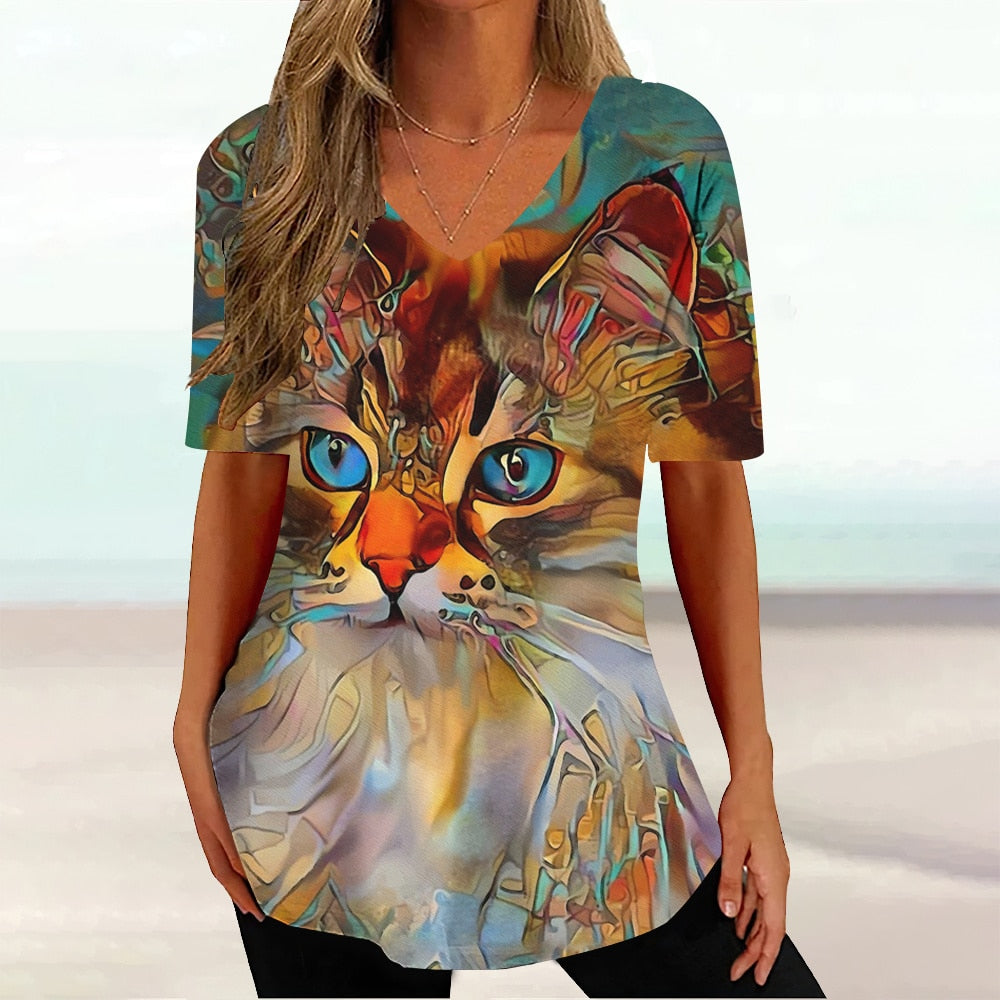 Colourful Cat painting print Tie-dye Graphic  V-Neck  Female Tees - myfunfarm