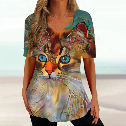 Colourful Cat painting print Tie-dye Graphic  V-Neck  Female Tees - myfunfarm