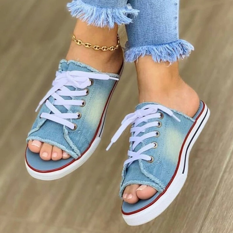 Ladies Slippers Canvas  Lace-up  Open-toed - myfunfarm