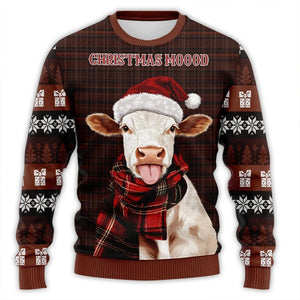 Santa Hat Cute Cow Printed Ugly Christmas Sweater