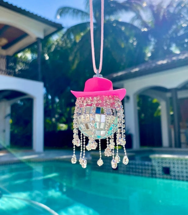 Rhinestone Cowgirl Disco Ball Party Hanging Car Rear View Mirror Accessory - myfunfarm