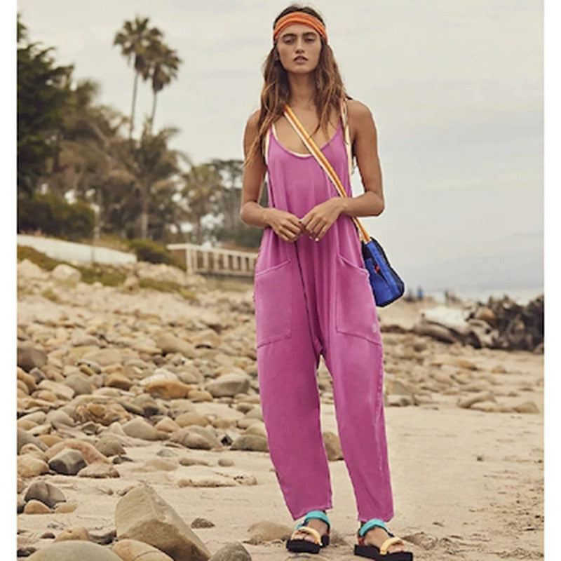 Women Casual Jumpsuit Summer Solid Loose Wide Leg Pants Bib Overall Pocket - myfunfarm