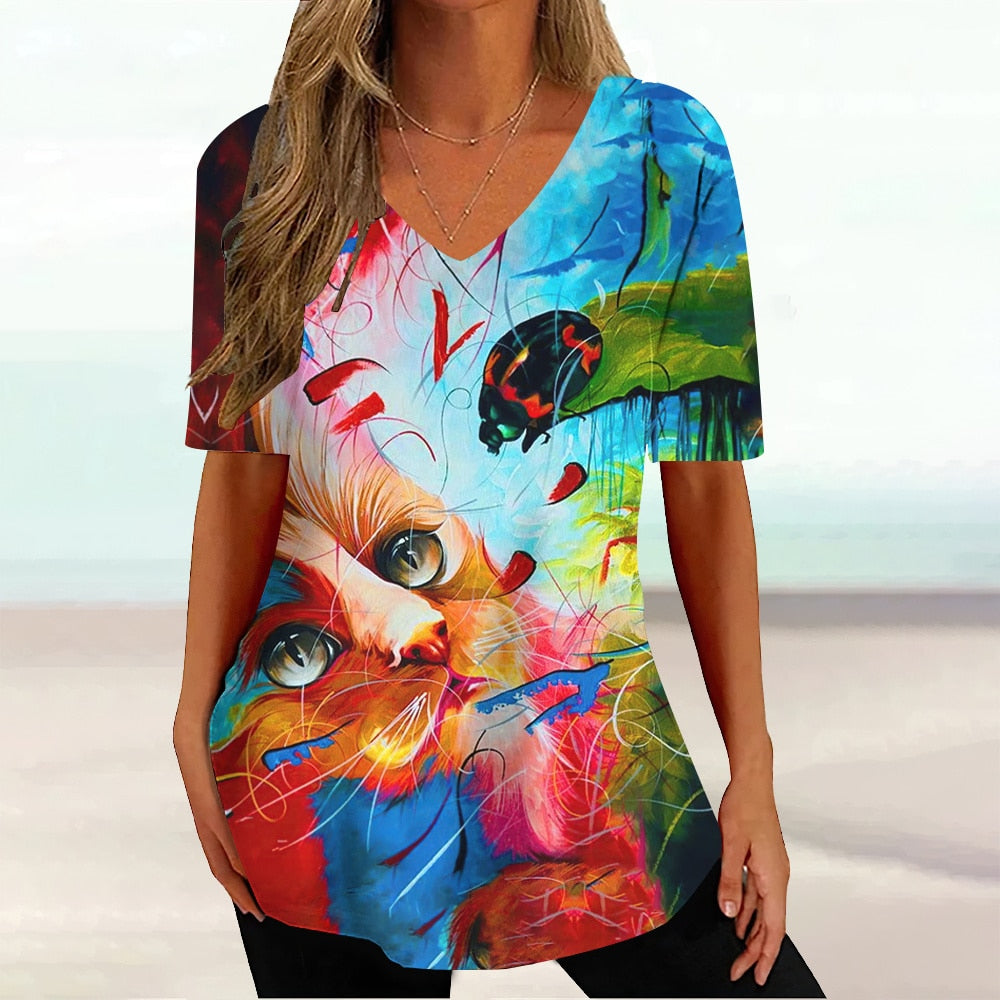 Colourful Cat painting print Tie-dye Graphic  V-Neck  Female Tees