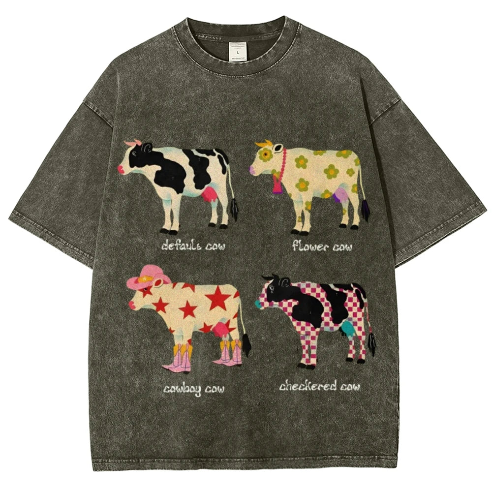 Cute Cartoon Cow Print T-Shirt Pure Cotton Washed - myfunfarm