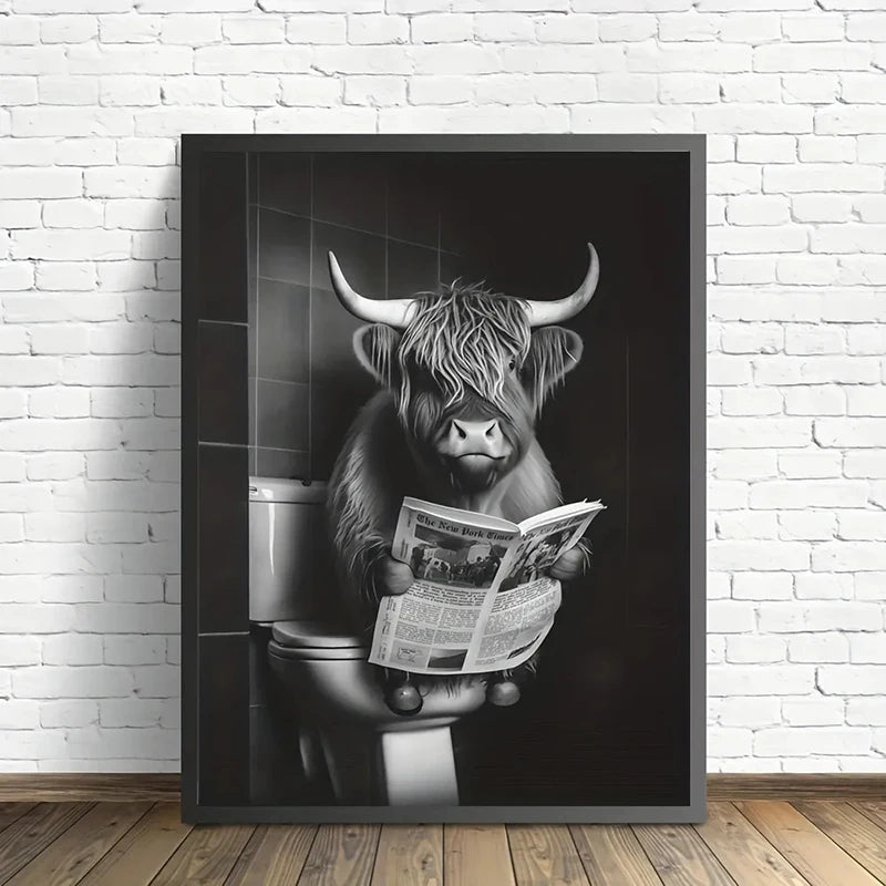 Funny Highland Cattle On Toilet Canvas Wall Art Poster Prints for Bathroom Room Home Decor