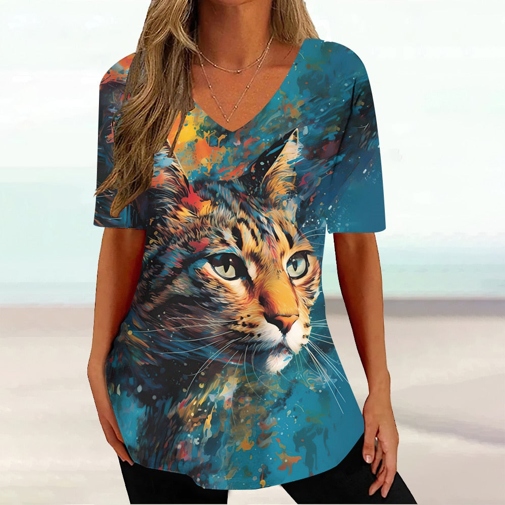 Colourful Cat painting print Tie-dye Graphic  V-Neck  Female Tees - myfunfarm