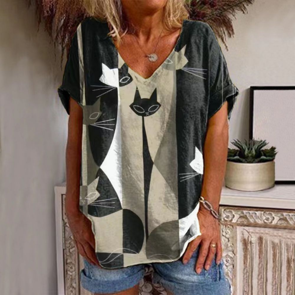 T-Shirt Cat Graphic V-neck Short Sleeve Tees Female - myfunfarm