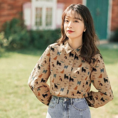 Cute cat Long Sleeve Tops  Blouses for Women - myfunfarm