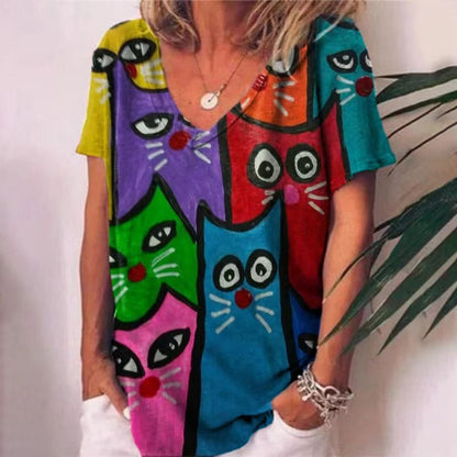 T-Shirt Cat Graphic V-neck Short Sleeve Tees Female - myfunfarm