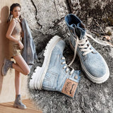 Retro Ankle Boots for Women's Lace Up Thick Sole Shoes Western Denim