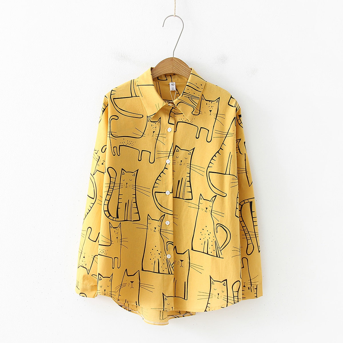 Vintage Women Long Sleeve Shirts Cute Cat Pattern Casual Blosues Ladies