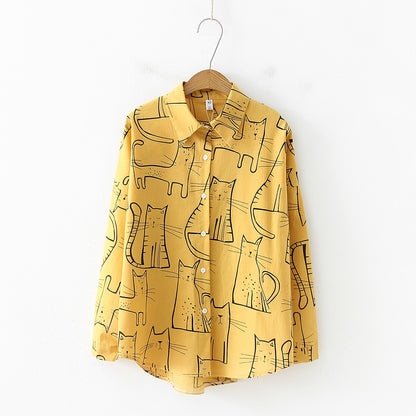 Vintage Women Long Sleeve Shirts Cute Cat Pattern Casual Blosues Ladies