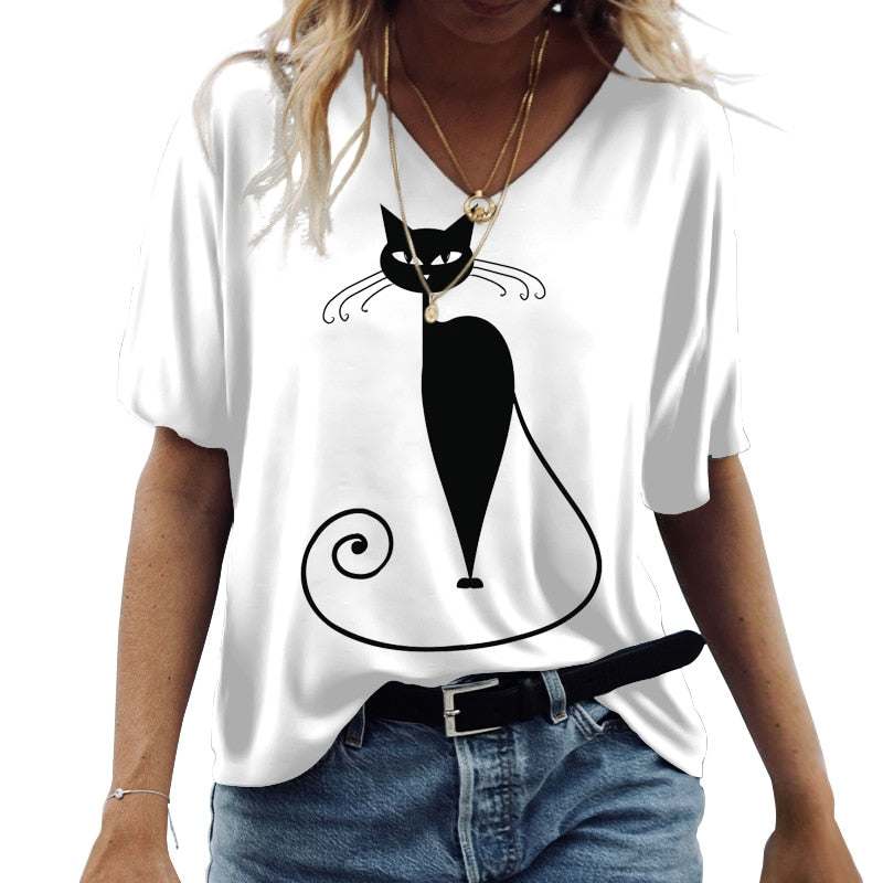 Cartoon Cats Print Women T-Shirt