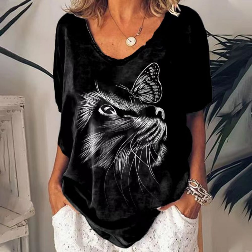 T-Shirt Cat Graphic V-neck Short Sleeve Tees Female - myfunfarm