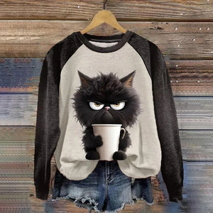 Women Sweatshirt O-Neck Tops Funny Cute Cat Art Print