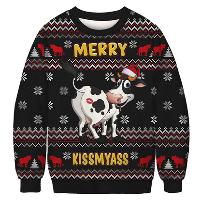Funny Cow Merry KissMYASS  Sweaters Unisex Holiday Party Xmas Sweatshirts