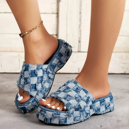 Women Denim Slides Summer Sandals - myfunfarm