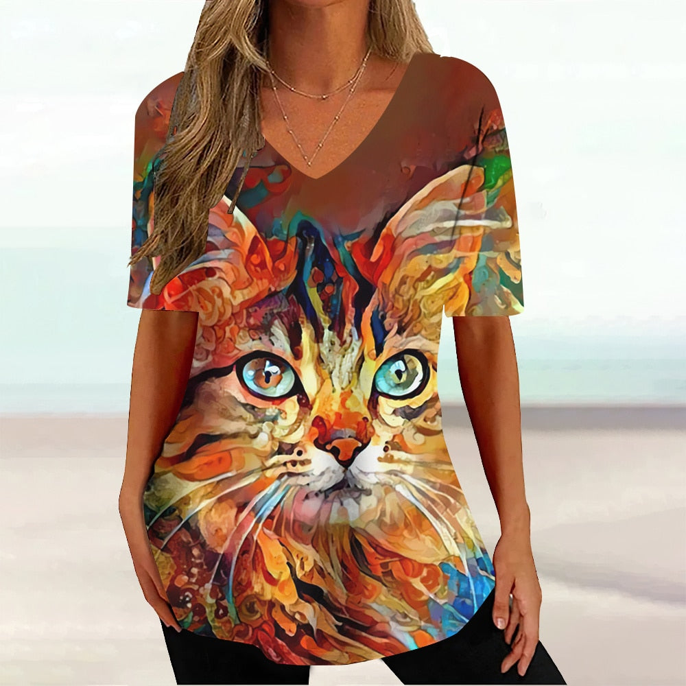 Colourful Cat painting print Tie-dye Graphic  V-Neck  Female Tees