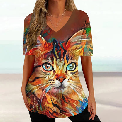 Colourful Cat painting print Tie-dye Graphic  V-Neck  Female Tees