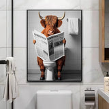 Funny Highland Cattle On Toilet Canvas Wall Art Poster Prints for Bathroom Room Home Decor