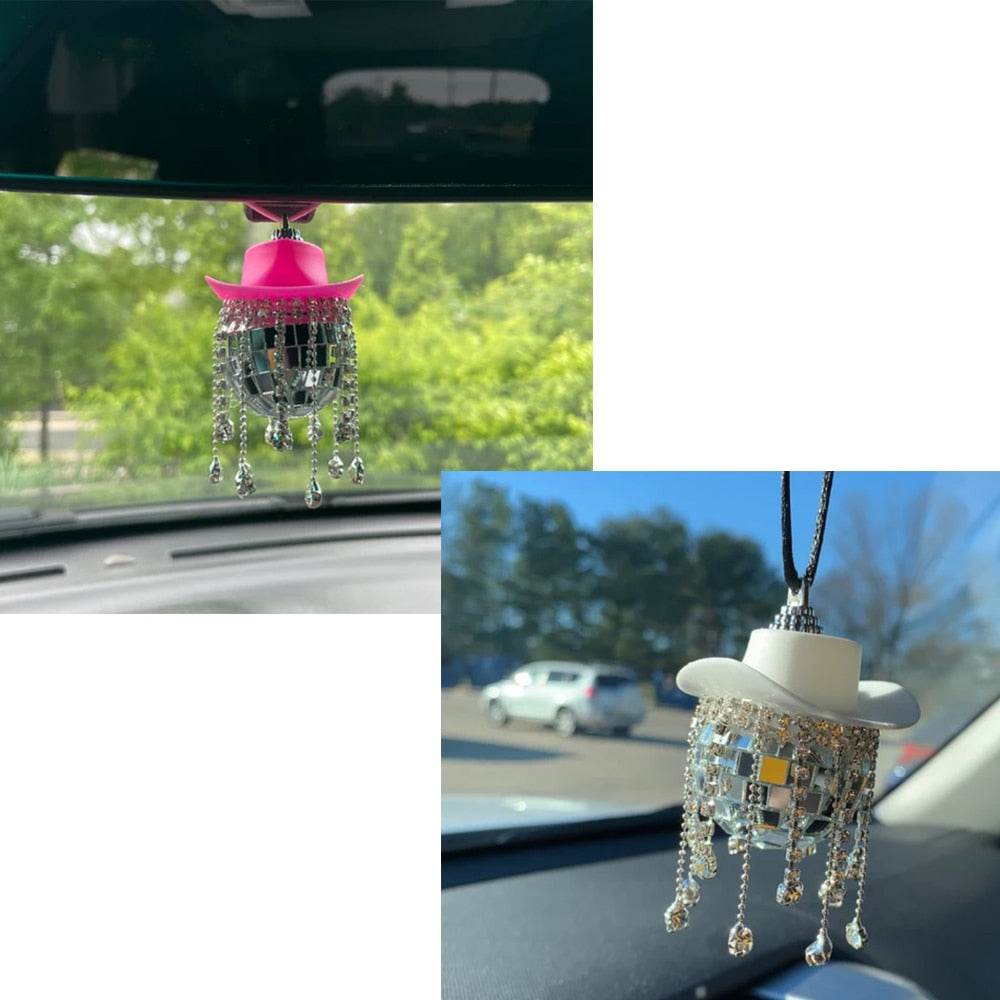 Rhinestone Cowgirl Disco Ball Party Hanging Car Rear View Mirror Accessory - myfunfarm