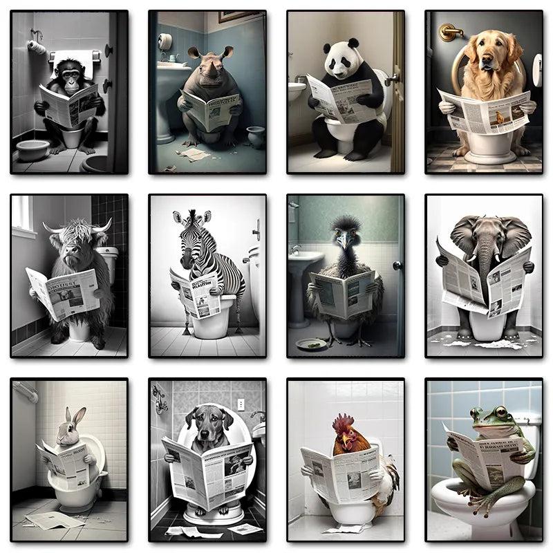 Funny Bathroom Humorous Animal Wall Decor Cow Bear Dog Tiger Sitting on Toilet Reading Newspaper Poster Art Print Canvas Painting - myfunfarm