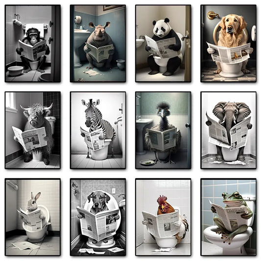Funny Bathroom Humorous Animal Wall Decor Cow Bear Dog Tiger Sitting on Toilet Reading Newspaper Poster Art Print Canvas Painting - myfunfarm