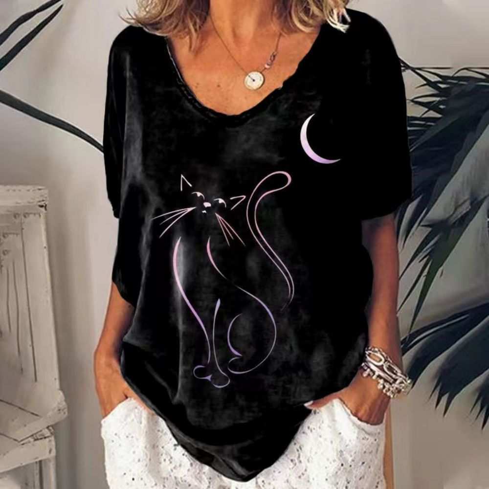 T-Shirt Cat Graphic V-neck Short Sleeve Tees Female - myfunfarm